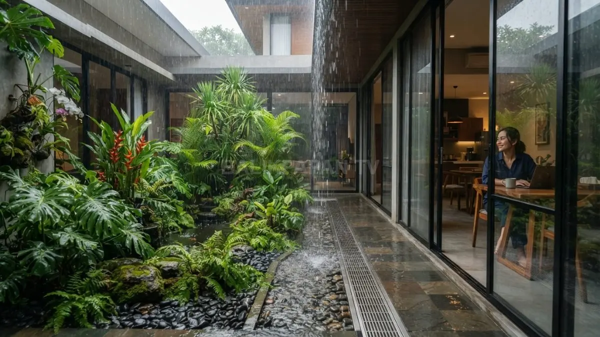 Air hujan jatuh ke taman tengah rumah bergaya tropis dengan sistem drainase tersembunyi yang modern. (BTV/AI)
