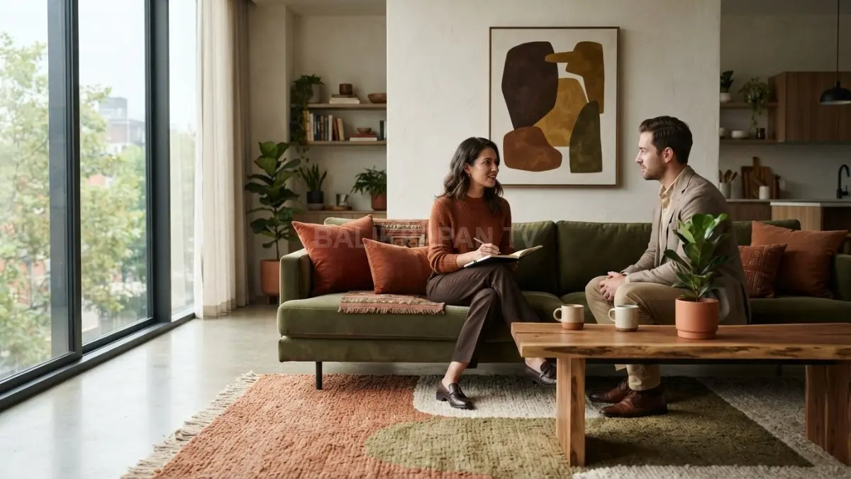 Aksen warna bumi pada ruang keluarga menghadirkan suasana natural melalui terracotta, cokelat kayu, dan hijau zaitun. (BTV/AI)