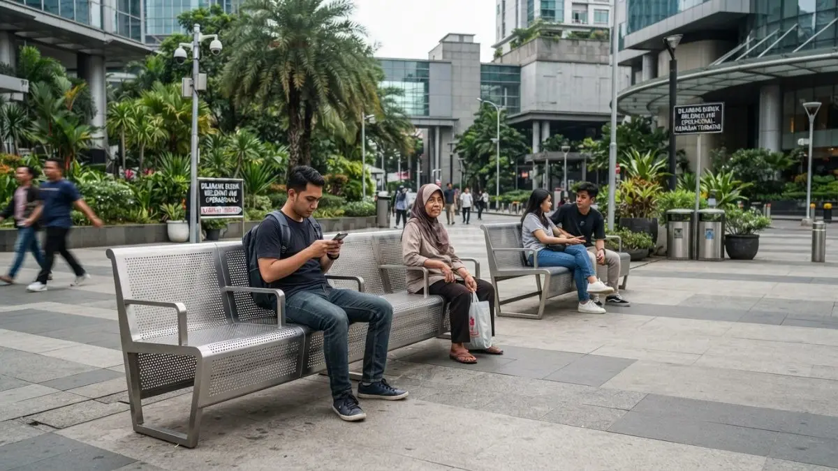 Area plaza kota menggunakan bangku logam minimalis yang dirancang membatasi penggunaan dalam waktu lama (BTV/AI)