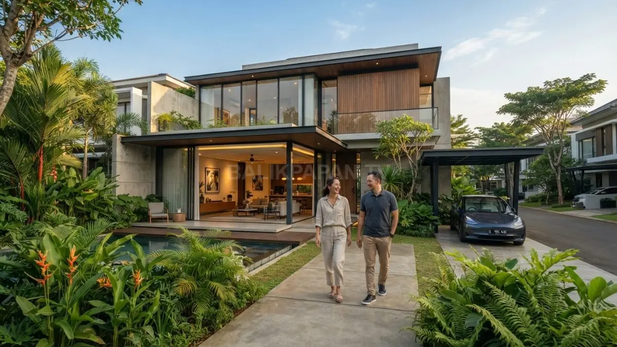 Arsitektur rumah modern dengan perpaduan kaca, kayu, dan taman hijau menciptakan hunian elegan yang nyaman. (BTV/AI)