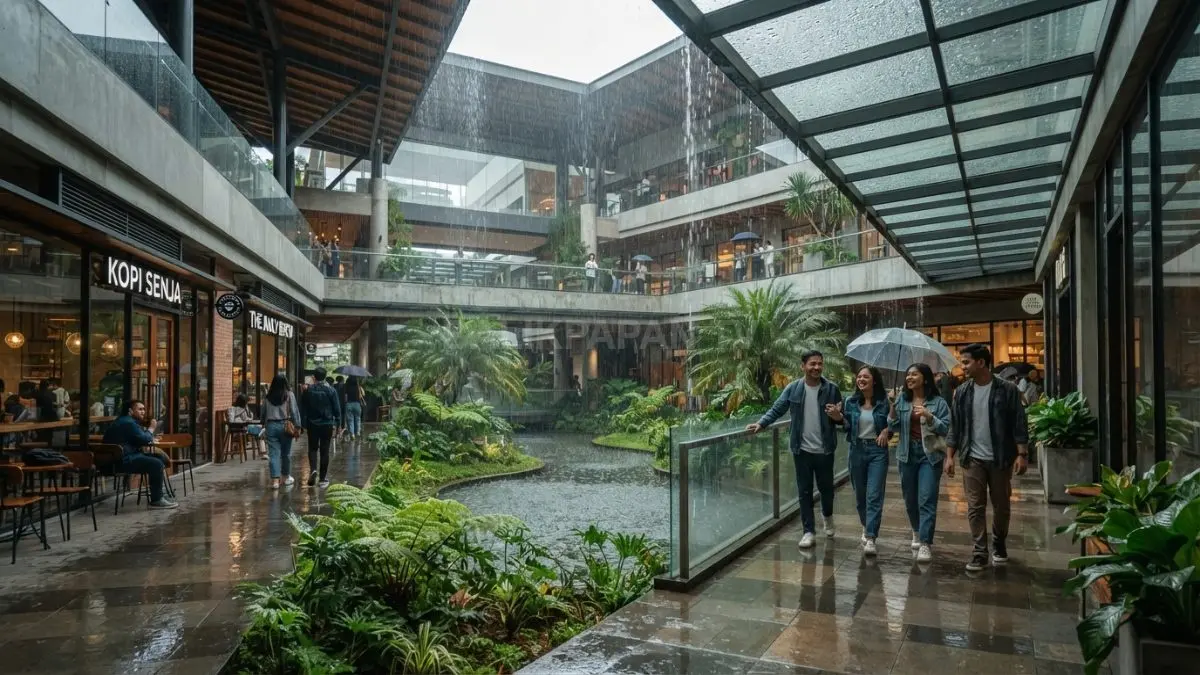 Atrium terbuka menghadirkan hujan sebagai elemen alami yang memperkaya suasana dan pengalaman ruang pengunjung (BTV/AI)