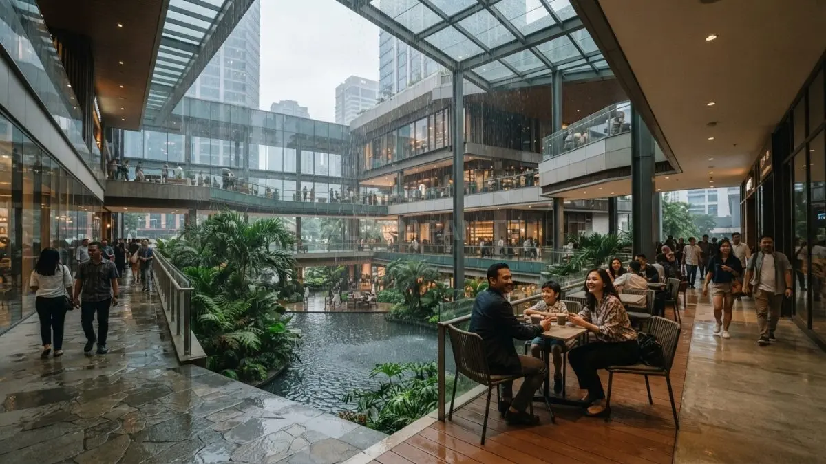 Atrium terbuka pada bangunan modern menghadirkan pengalaman menikmati hujan tanpa mengganggu kenyamanan pengunjung. (BTV/AI)