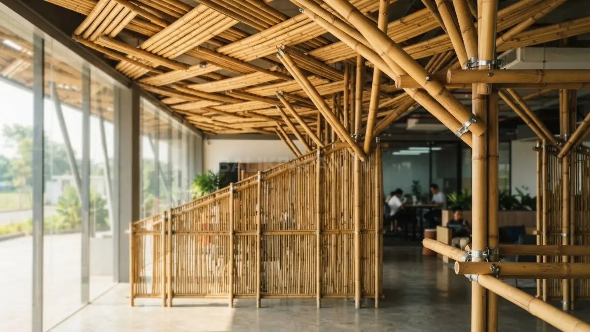 Bambu ringan untuk partisi dan plafon, dengan pengawetan tepat agar tahan kelembapan serta organisme perusak. (BTV/AI)
