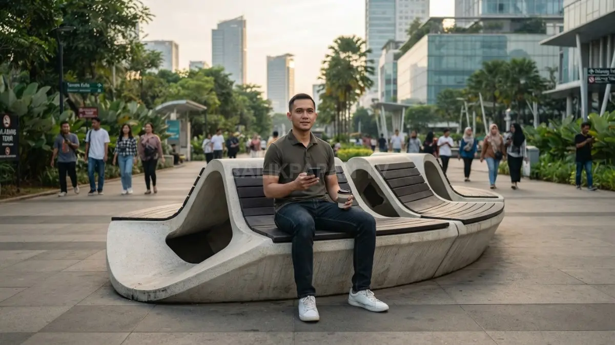 Bangku berbentuk melengkung menghadirkan tampilan artistik sekaligus membatasi penggunaan selain untuk duduk di ruang publik (BTV/AI)