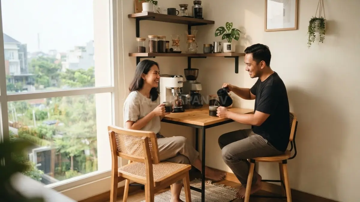 Coffee corner minimalis menghadirkan sudut bersantai hangat dengan sentuhan kayu alami dan furnitur sederhana elegan. (BTV/AI)
