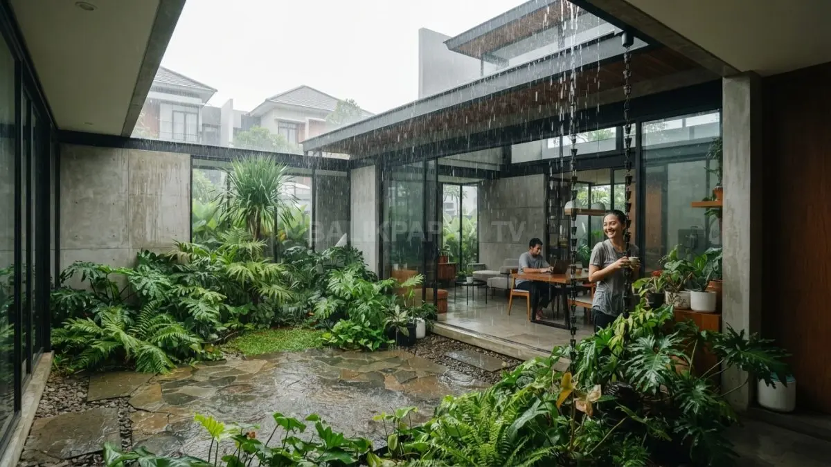 Courtyard house dengan halaman tengah terbuka menghadirkan hujan alami sekaligus pencahayaan dan sirkulasi udara optimal (BTV/AI)