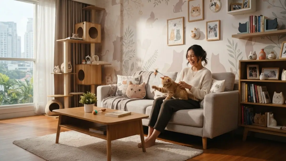 Dekorasi ruang keluarga bertema kucing memadukan sofa, karpet, dan aksesori lucu bernuansa hangat serta fungsional. (BTV/AI)