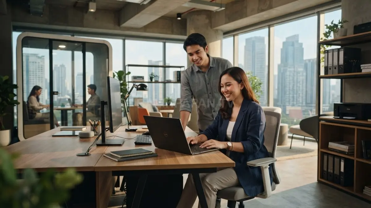 Desain ruang kerja modern dengan konsep terbuka menciptakan suasana produktif yang nyaman dan inspiratif. (BTV/AI)