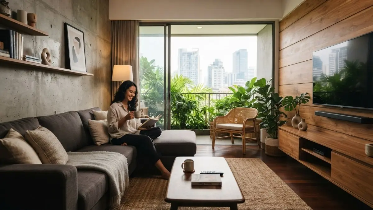 Dinding beton ekspos berpadu panel kayu alami menciptakan suasana hangat pada ruang keluarga modern minimalis elegan (BTV/AI)