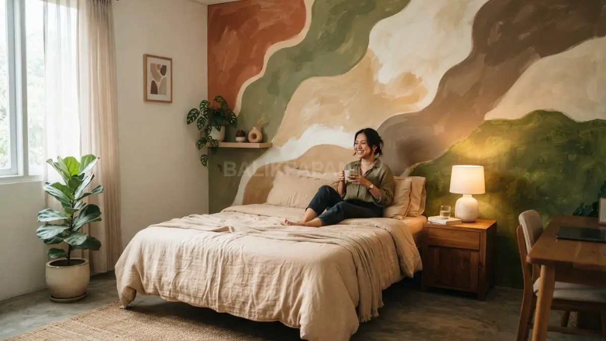 Dominasi warna earth tone menciptakan suasana kamar modern, hangat, elegan, sekaligus nyaman sepanjang hari. (BTV/AI)