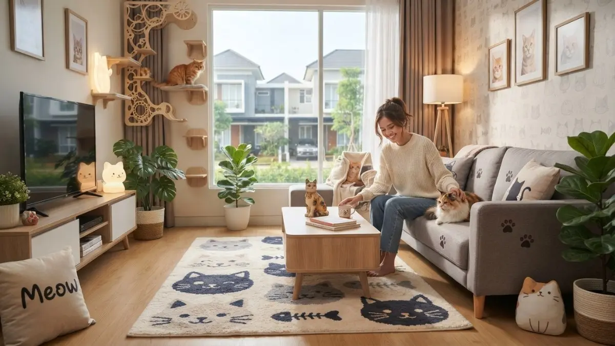 Furnitur bertema kucing menciptakan ruang keluarga hangat dengan dekorasi unik sesuai anggaran dan kebutuhan interior. (BTV/AI)