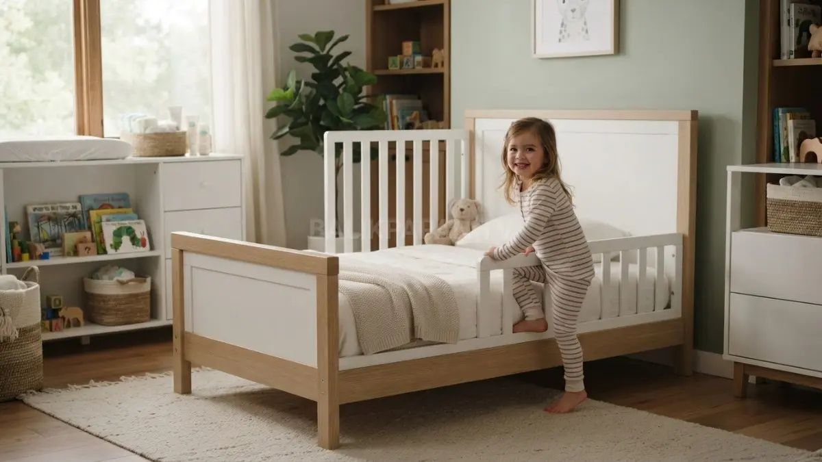 Furnitur multifungsi bantu hemat ruang kamar bayi (BTV/AI). 