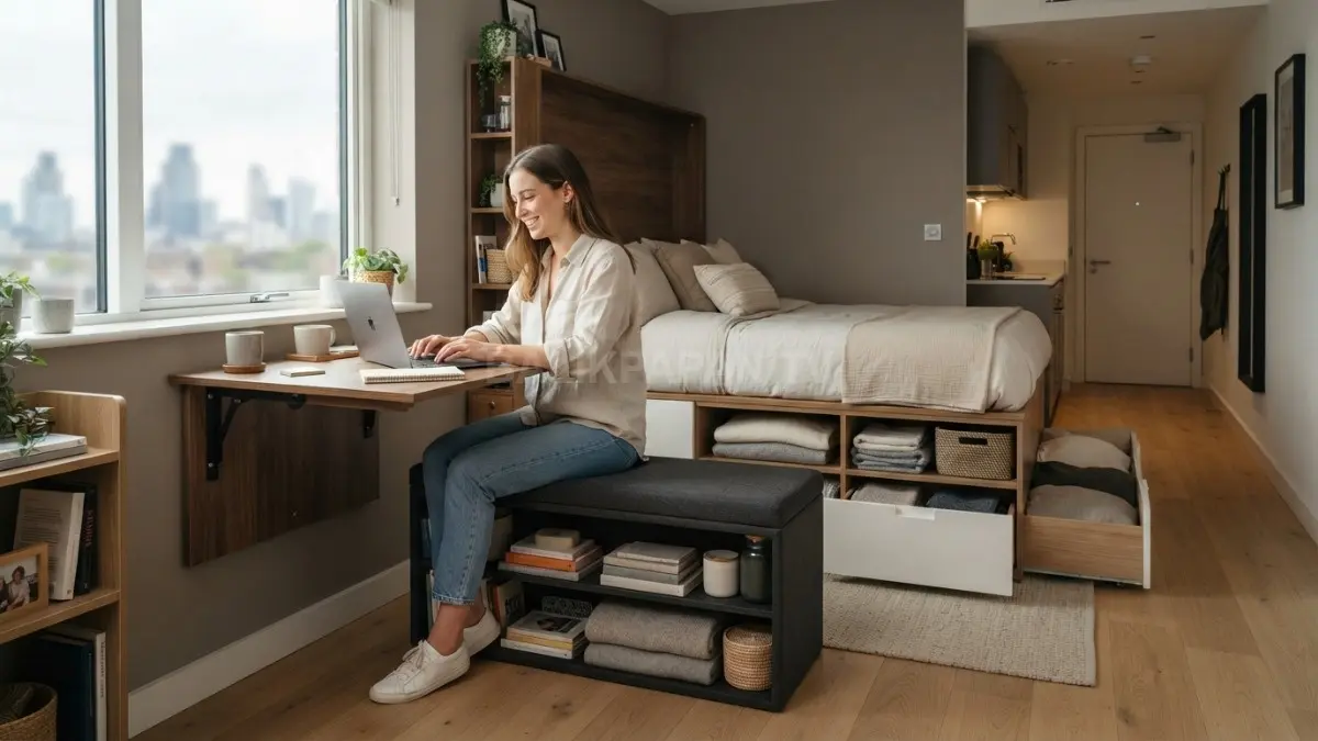 Furnitur multifungsi membantu menghemat ruang melalui meja lipat dan penyimpanan praktis untuk kebutuhan sehari-hari. (BTV/AI)
