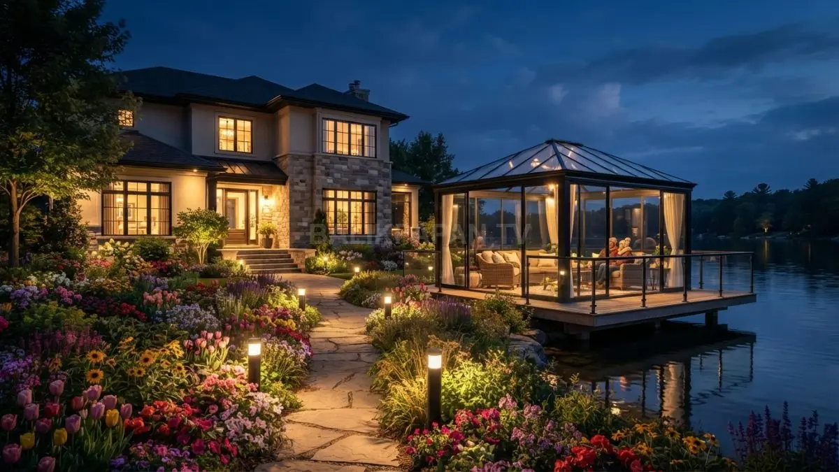 Gazebo kaca modern berpadu rumah klasik, taman bunga warna-warni, serta panorama danau menciptakan suasana elegan. (BTV/AI)
