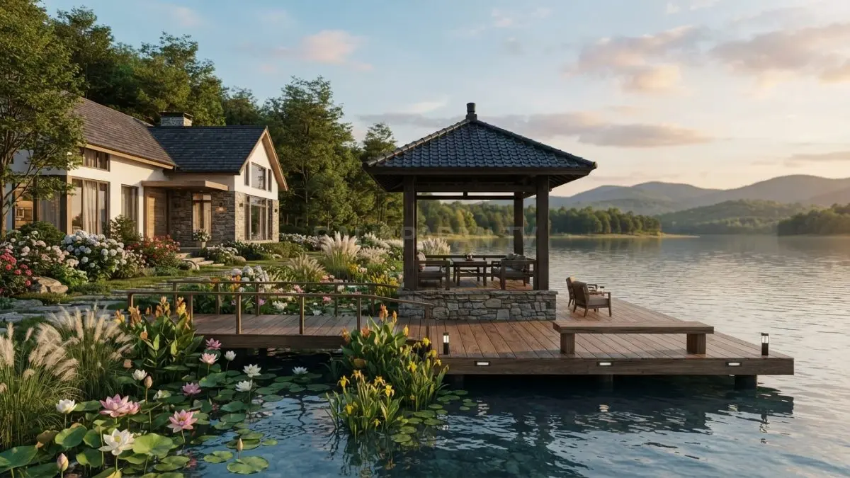 Gazebo terapung di tepi danau menghadirkan suasana elegan dengan dek kayu, bunga air, dan pemandangan indah. (BTV/AI)
