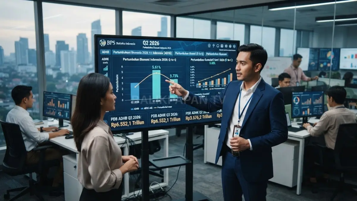 Grafik pertumbuhan ekonomi Indonesia menunjukkan PDB meningkat meski laju tahunan sedikit melambat pada kuartal kedua. [BTV:AI]