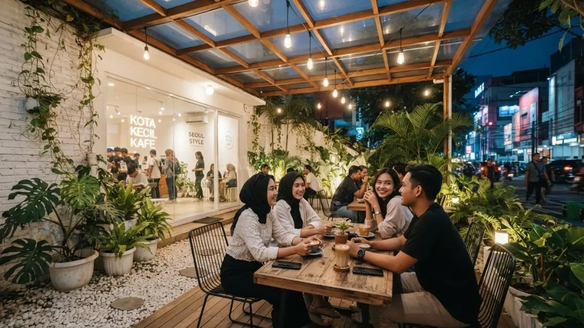 Halaman kecil kafe bergaya Seoul menghadirkan ruang santai estetik dengan tanaman, lampu hangat, dan area foto menarik. (BTV/AI)