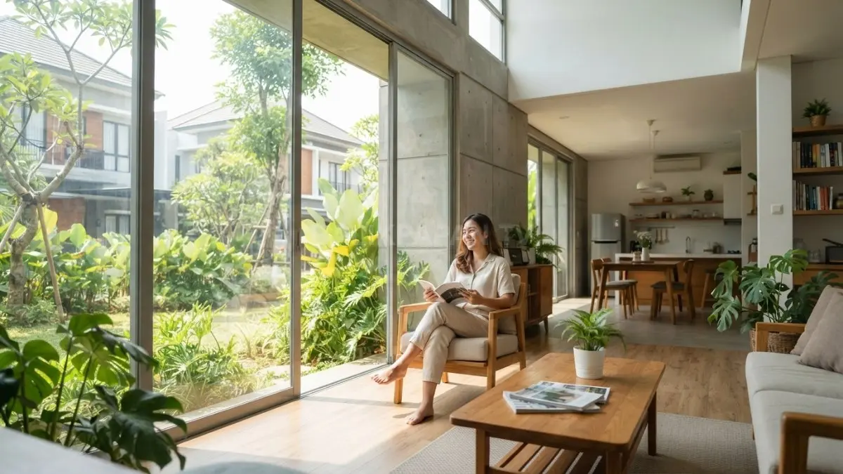 Hunian minimalis modern dengan pencahayaan alami, tanaman hijau, dan ruang yang terasa lebih luas. (BTV/AI)