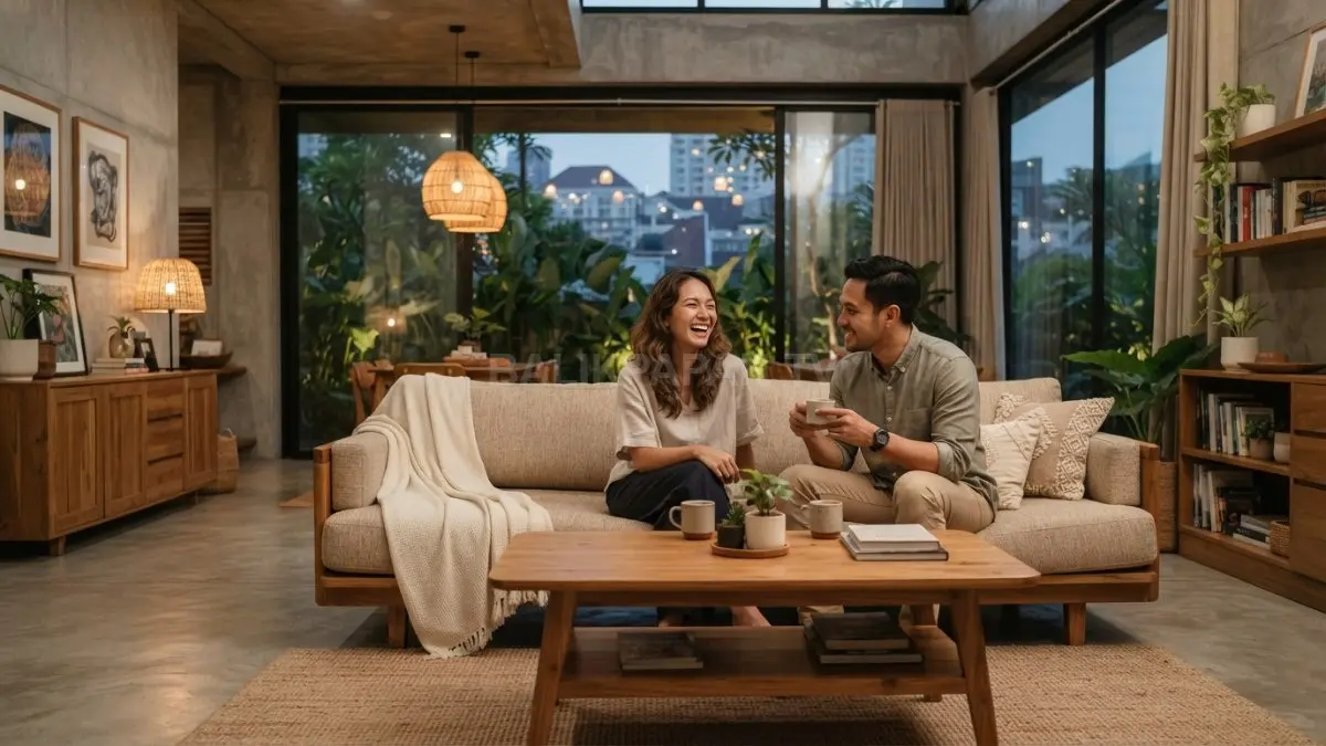 Hunian modern memanfaatkan beton ekspos dengan furnitur kayu serta warna bumi untuk kesan hangat menyenangkan bersama (BTV/AI)