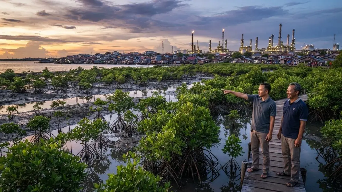 Ilustrasi hamparan lahan bekas kebakaran Pandan Sari di Balikpapan Barat yang kini ditumbuhi mangrove, dengan permukiman warga dan kawasan kilang Pertamina terlihat di kejauhan. (BTV/AI)
