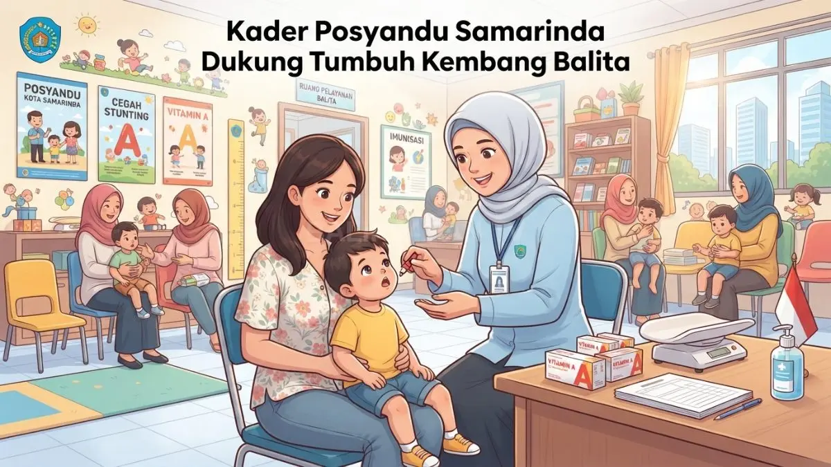 Ilustrasi kader posyandu mendampingi pelayanan vitamin A untuk mendukung tumbuh kembang balita di Samarinda optimal. (BTV/AI)