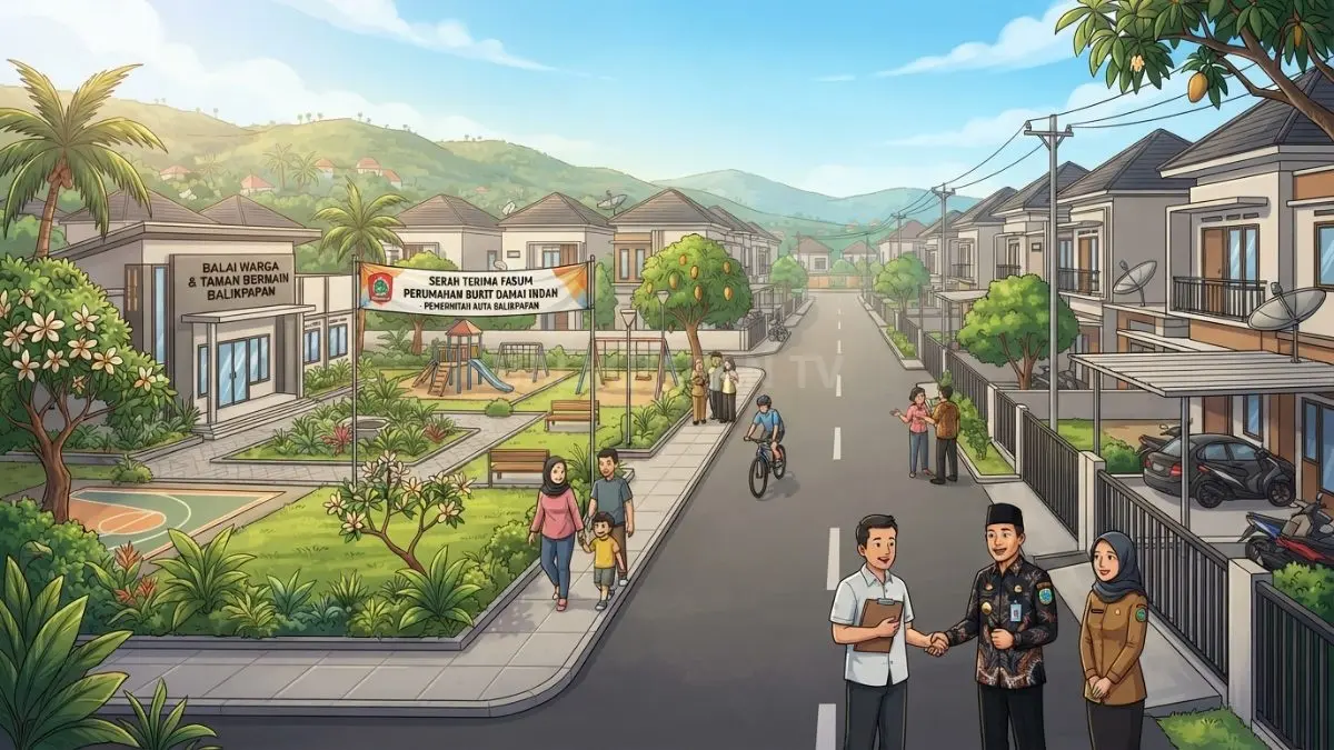 Ilustrasi kawasan perumahan di Balikpapan dengan fasilitas umum yang menunggu proses penyerahan kepada pemerintah daerah. (BTV/AI)