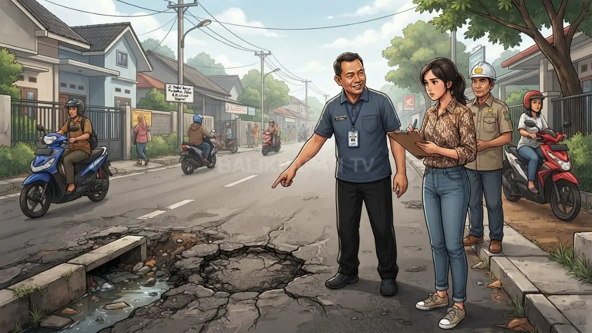 Ilustrasi ketua RT menunjukkan kondisi jalan rusak yang akan diperbaiki melalui penguatan konstruksi dan pembenahan drainase. (BTV/AI)
