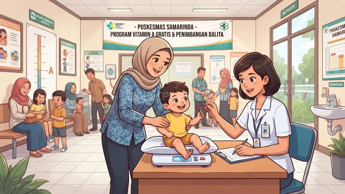 Ilustrasi orang tua membawa balita mengikuti penimbangan dan pembagian vitamin A gratis di puskesmas Samarinda. (BTV/AI)