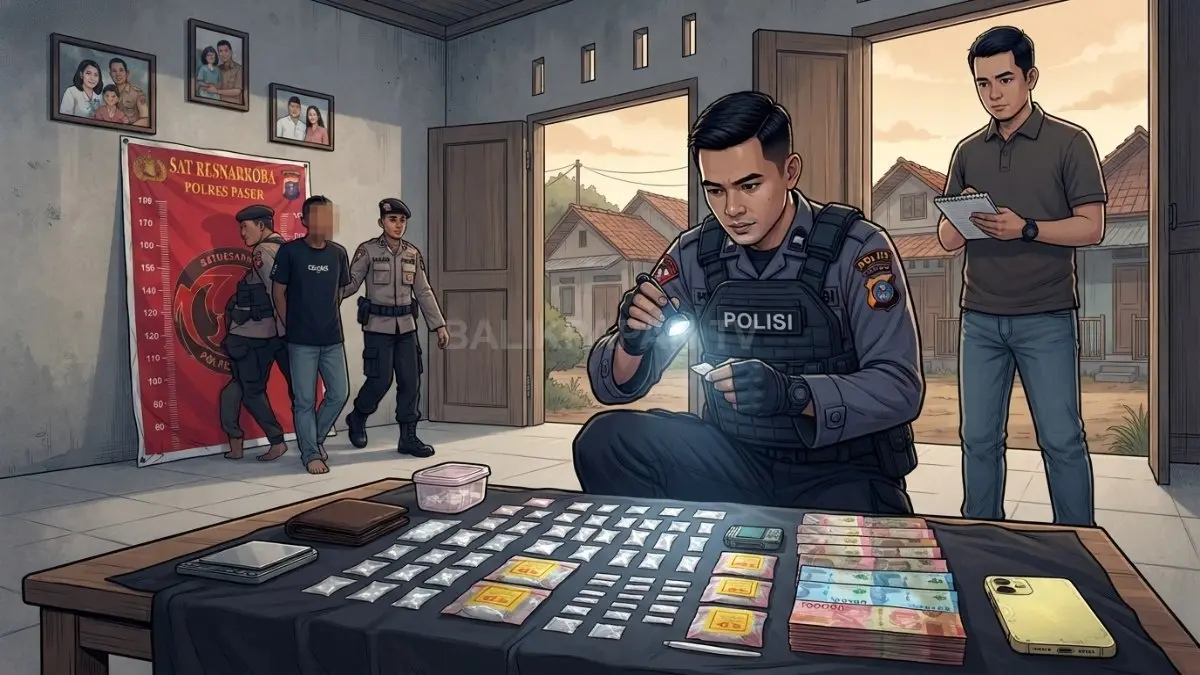 Ilustrasi personel kepolisian melakukan pengamanan barang bukti usai penggerebekan rumah terduga pelaku di Desa Tanah Periuk. (BTV/AI)
