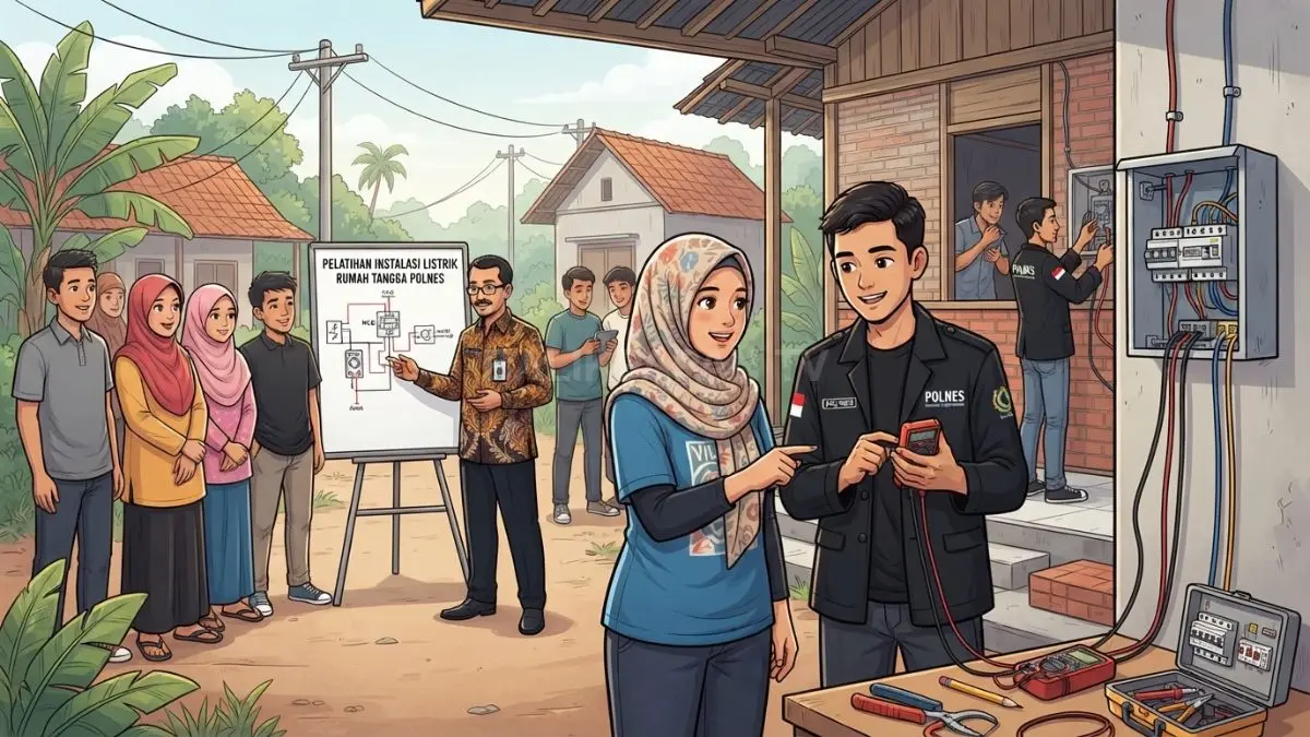 Ilustrasi peserta pelatihan mempraktikkan pemeriksaan instalasi listrik rumah tangga didampingi dosen dan mahasiswa Teknik Elektro Polnes. (BTV/AI)