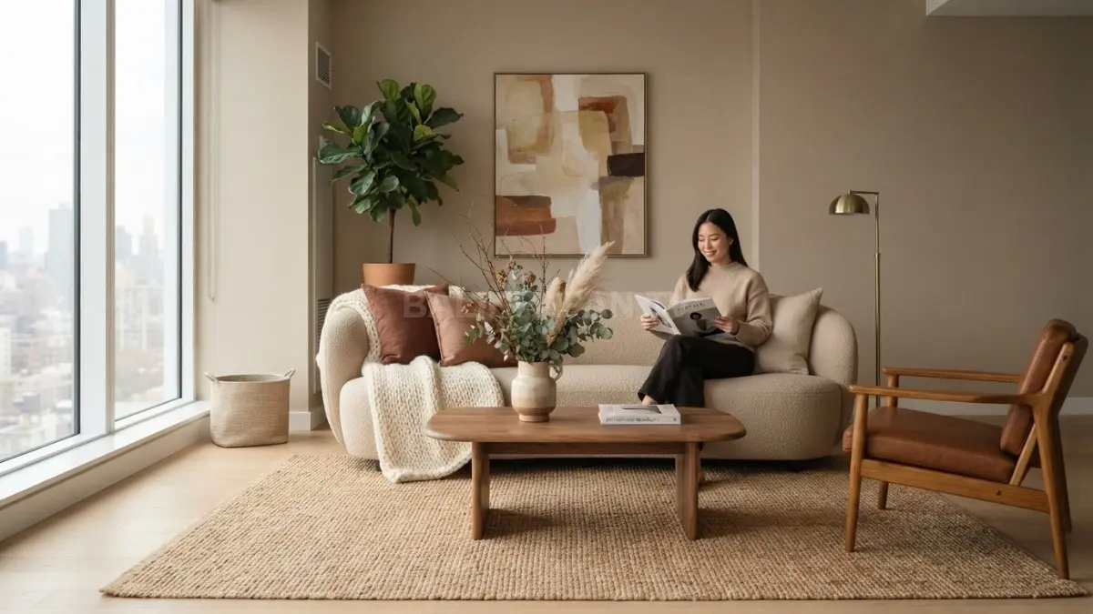 Interior minimalis modern bernuansa krem, beige, cokelat, dan bumi menghadirkan suasana hangat, elegan, serta nyaman. (BTV/AI)