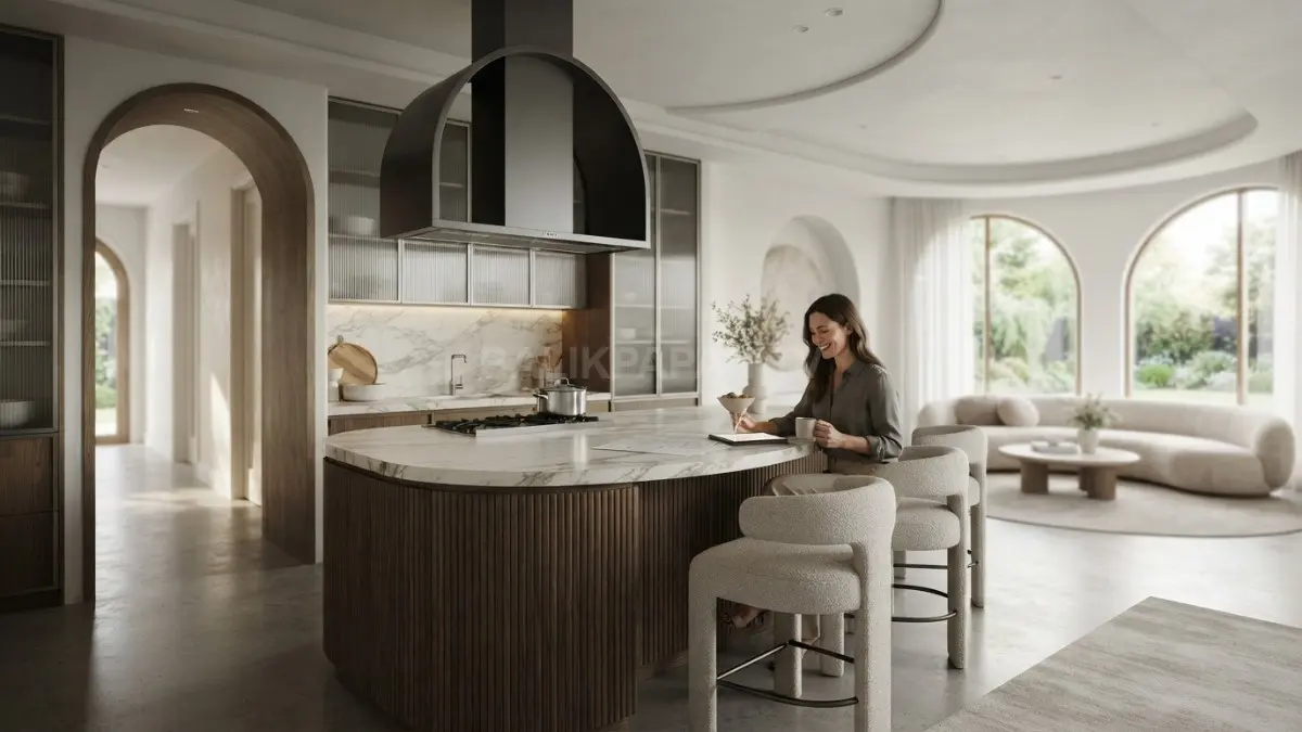 Interior minimalis modern menghadirkan bentuk lengkung pada furnitur dan pintu, menciptakan kesan lembut dan elegan. (BTV/AI)