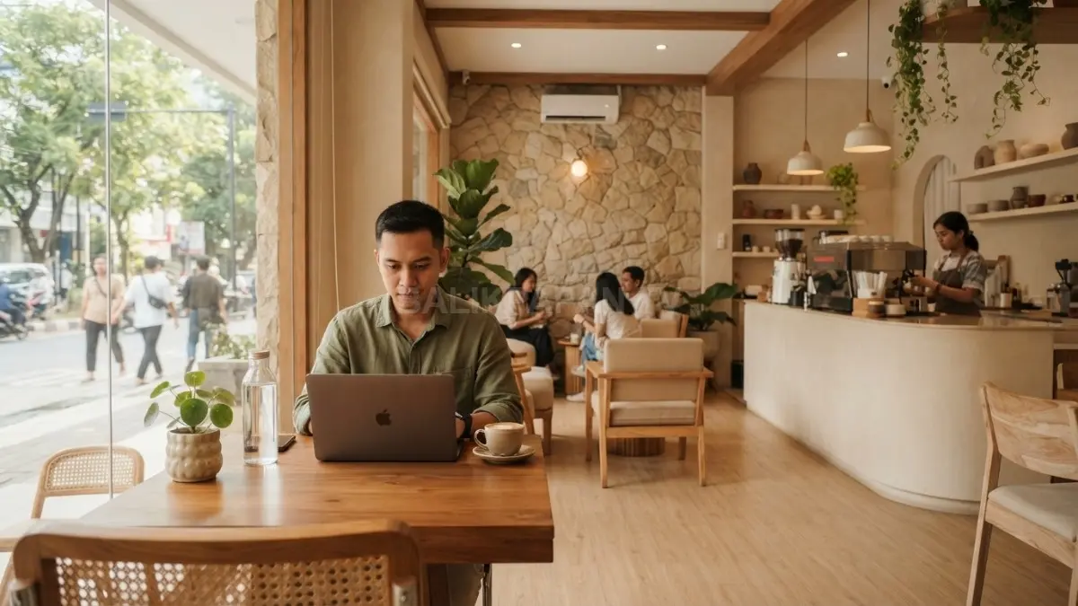 Kafe Korea bernuansa beige menghadirkan suasana hangat melalui warna earth tone, kayu, dan dekorasi minimalis elegan. (BTV/AI)
