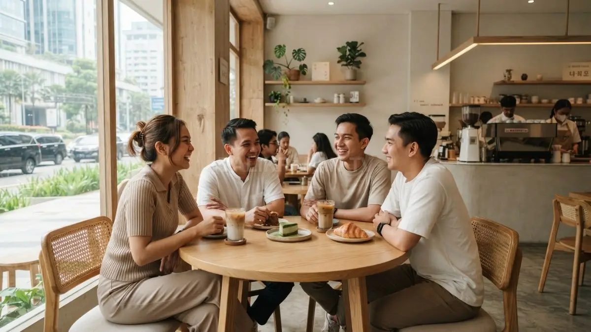 Kafe minimalis ala Korea menghadirkan suasana estetik melalui desain sederhana, hangat, dan nyaman untuk nongkrong. (BTV/AI)