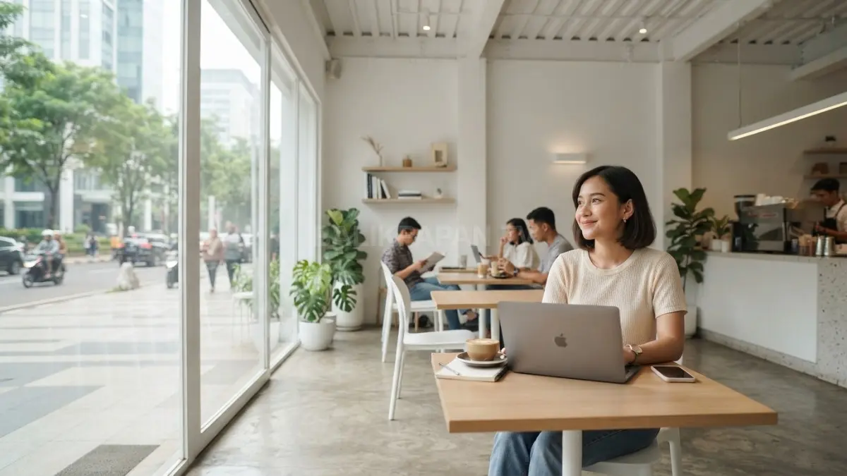 Kafe minimalis bergaya Korea menghadirkan interior putih dengan pencahayaan alami yang nyaman sepanjang hari bagi pengunjung. (BTV/AI)