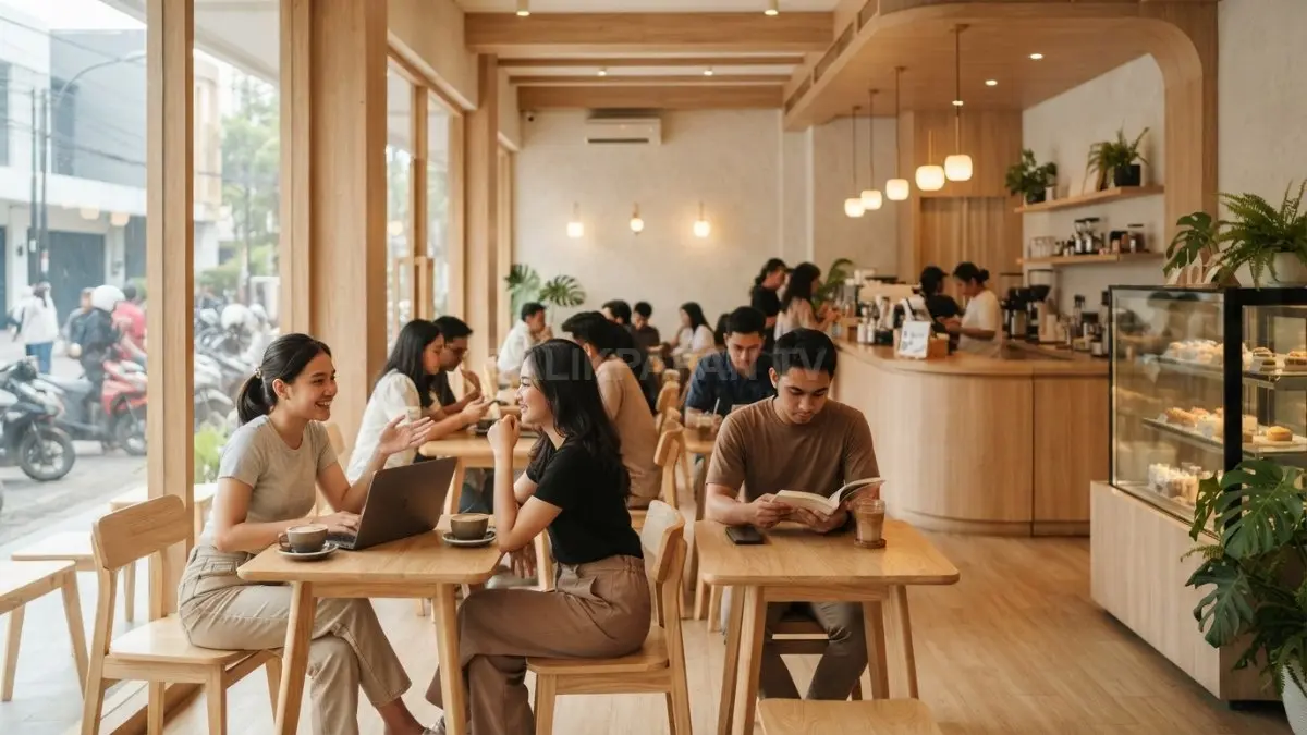 Kafe minimalis Korea bernuansa kayu terang menciptakan suasana hangat, nyaman, dan estetik untuk pengunjung. (BTV/AI)
