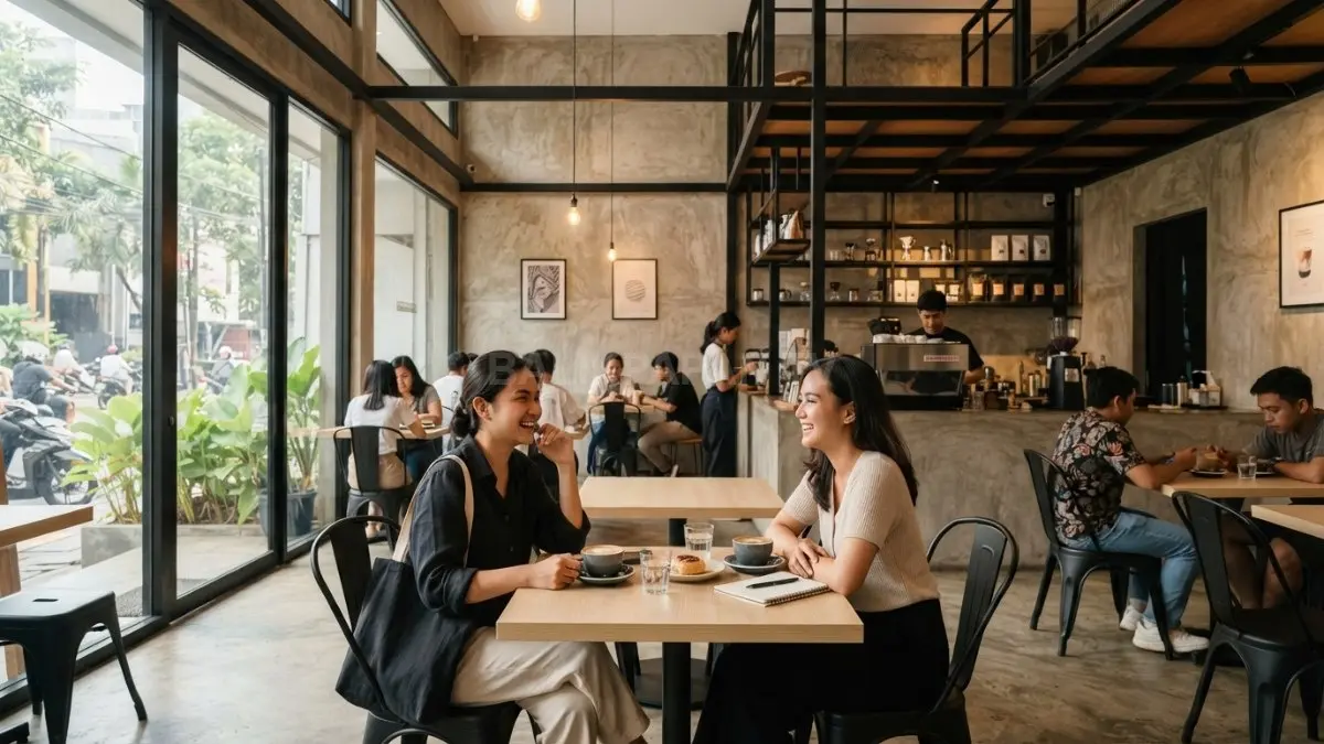 Kafe Seoul modern industrial menghadirkan perpaduan semen ekspos, besi hitam, dan pencahayaan hangat minimalis. (BTV/AI)