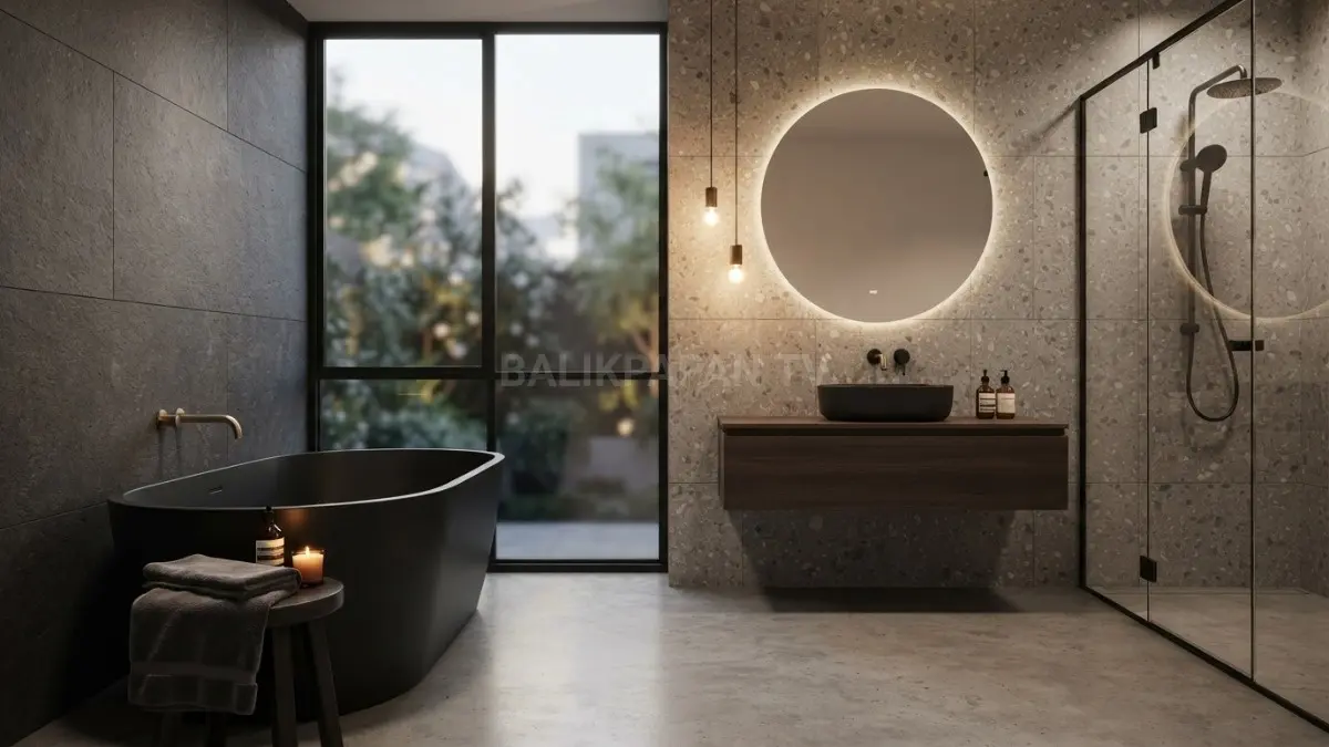 Kamar mandi minimalis monokrom dengan pencahayaan hangat menciptakan suasana nyaman elegan modern (BTV/AI)