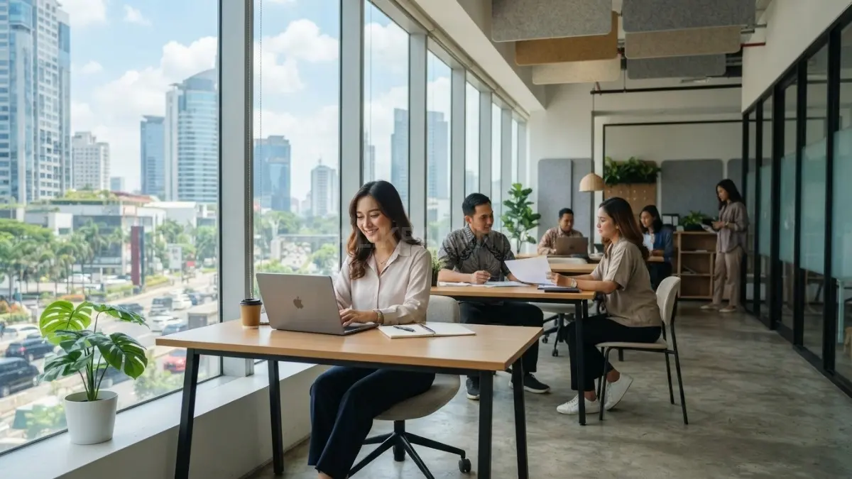 Kantor modern dengan jendela luas yang menghadirkan ruang kerja lebih terang dan inspiratif.(BTV/AI)