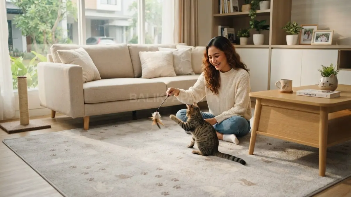 Karpet bermotif jejak kaki kucing mempercantik ruang keluarga sekaligus menghadirkan suasana hangat dan menggemaskan alami. (BTV/AI)