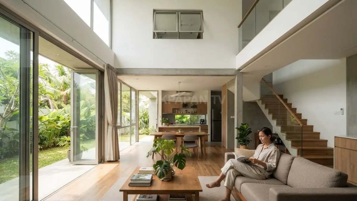 Keterangan gambar: Rumah dengan jendela besar, ventilasi silang, dan void memaksimalkan cahaya serta sirkulasi udara alami. (BTV/AI)
