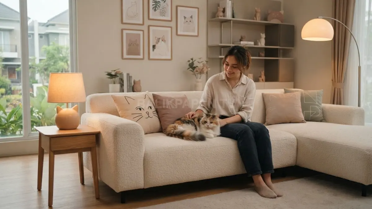 Lampu dekoratif dan cushion bertema kucing menghadirkan ruang keluarga hangat, nyaman, manis, penuh karakter. (BTV/AI)