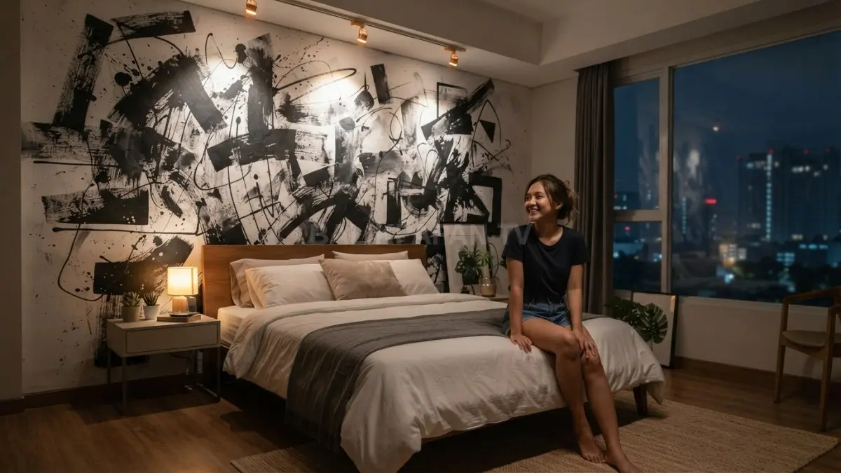 Lukisan abstrak monokrom berukuran besar menghadirkan kesan artistik modern sebagai fokus utama kamar minimalis elegan. (BTV/AI)