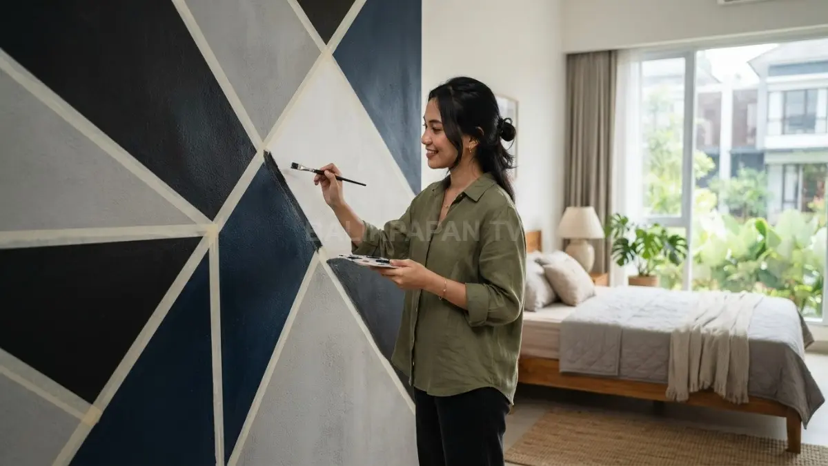 Lukisan geometris minimalis pada dinding menghadirkan kesan modern, rapi, elegan, dan artistik dalam kamar tidur. (BTV/AI)