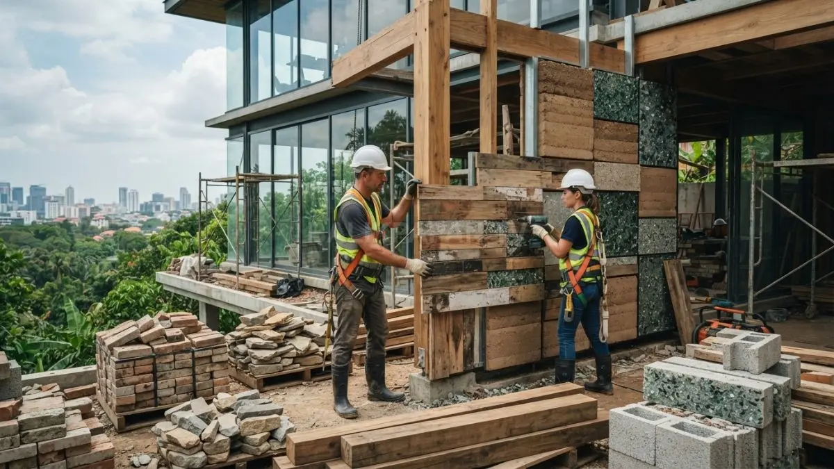 Material daur ulang dan material setempat mendukung bangunan hijau melalui efisiensi sumber daya, energi, serta material. (BTV/AI)
