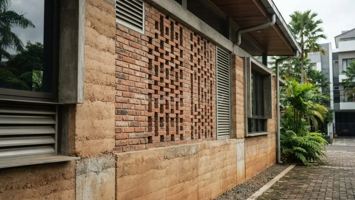 Material tanah dan bata digunakan pada bangunan tropis dengan ventilasi serta perlindungan hujan untuk kenyamanan penghuni. (BTV/AI)
