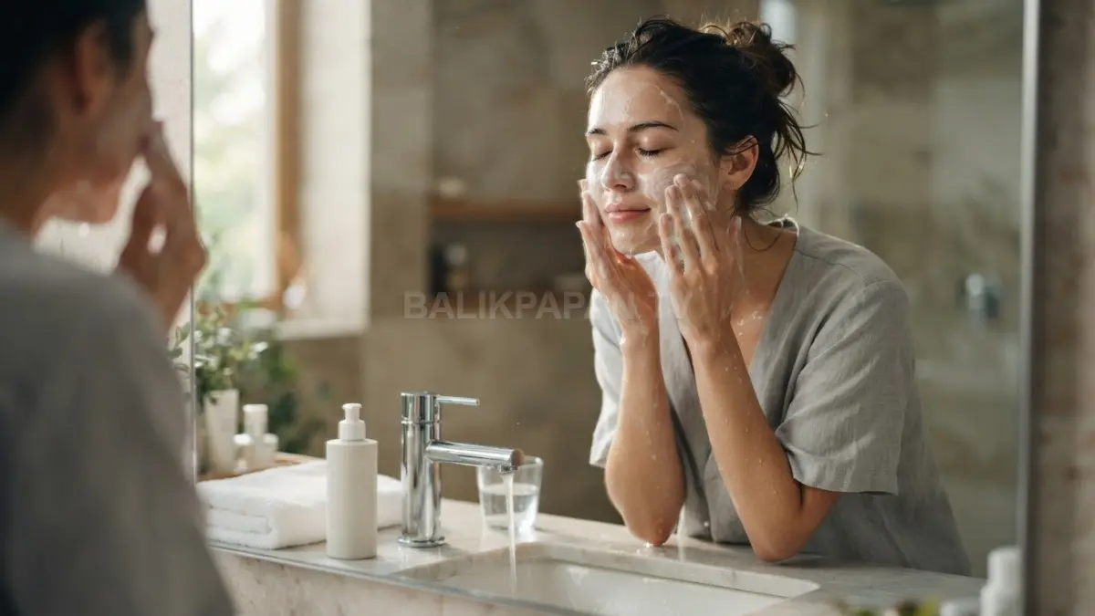 Membersihkan wajah dengan pembersih lembut membantu mengangkat kotoran, minyak, dan sisa produk tanpa mengiritasi kulit. (BTV/AI)
