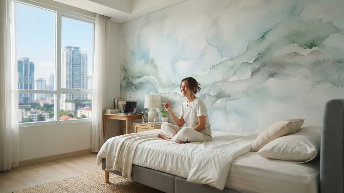 Mural abstrak gradasi warna air menghadirkan suasana lembut, lapang, serta menenangkan sepanjang hari di kamar. (BTV/AI)