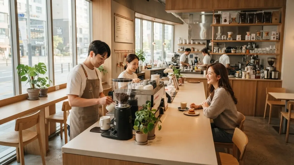 Open bar kafe Korea menghadirkan pengalaman interaktif melalui proses penyajian minuman yang terlihat langsung pelanggan. (BTV/AI)