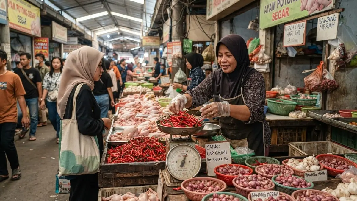 Pedagang menjual daging ayam, cabai, dan bawang merah di pasar sebagai komoditas penyumbang inflasi. (BTV/AI)